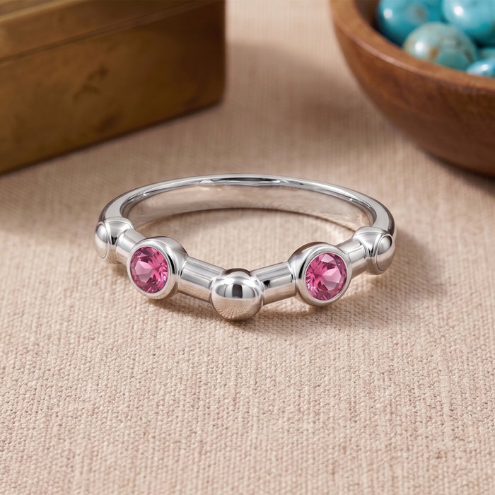 Silver plated adjustable lab grown ruby open ring with two round 3x3mm ruby gemstones for women