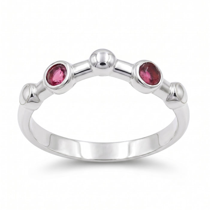 Silver plated adjustable lab grown ruby open ring with two round 3x3mm ruby gemstones for women