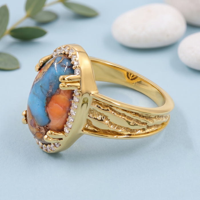 Natural Orange Turquoise Statement Ring For Women | 18K Gold Plated
