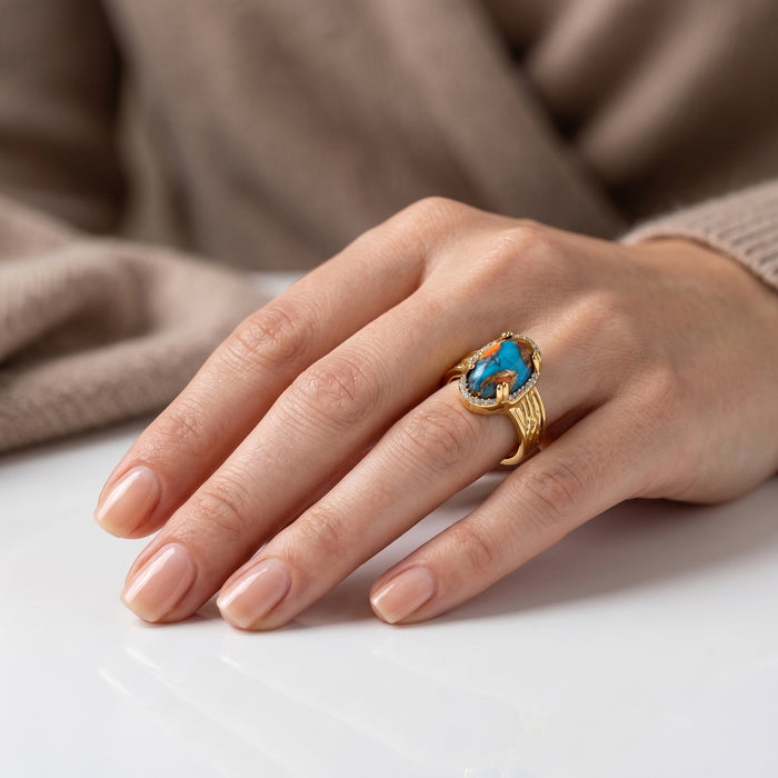 Natural Orange Turquoise Statement Ring For Women | 18K Gold Plated