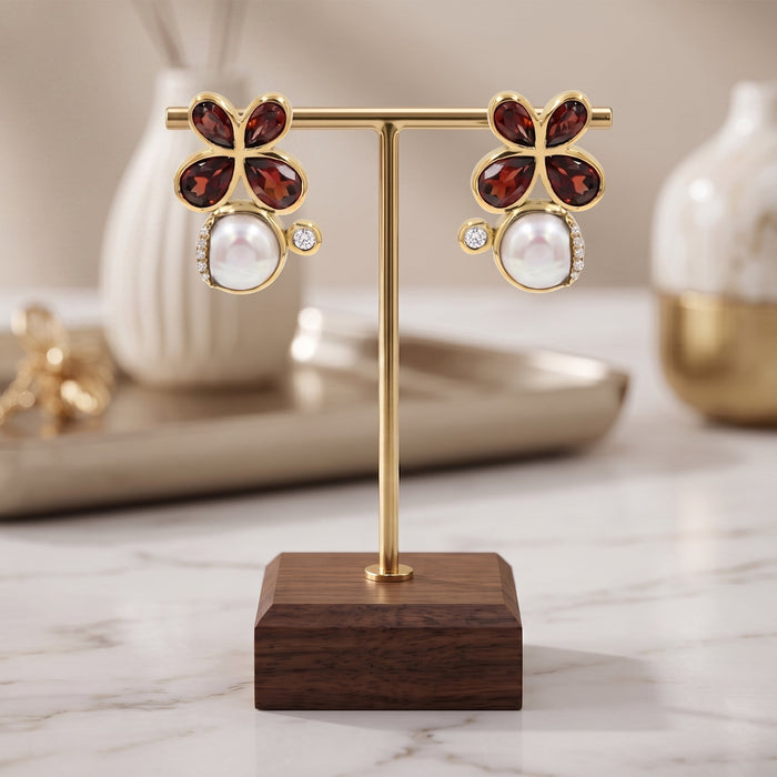 18K Gold Natural Garnet and Pearl Floral Stud Earrings