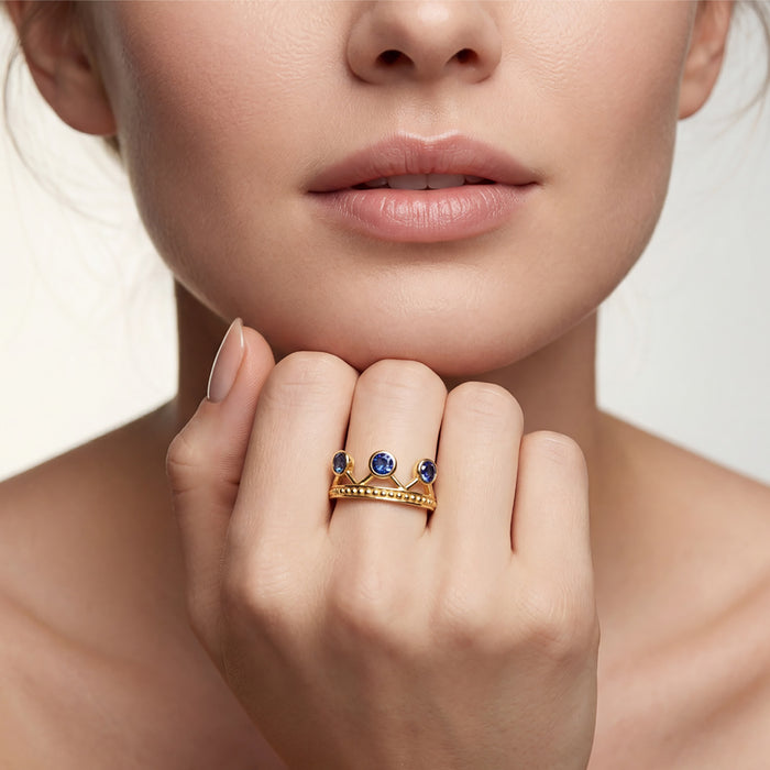 Natural Blue Sapphire Crown Ring – 18K Gold Plated 925 Sterling Silver