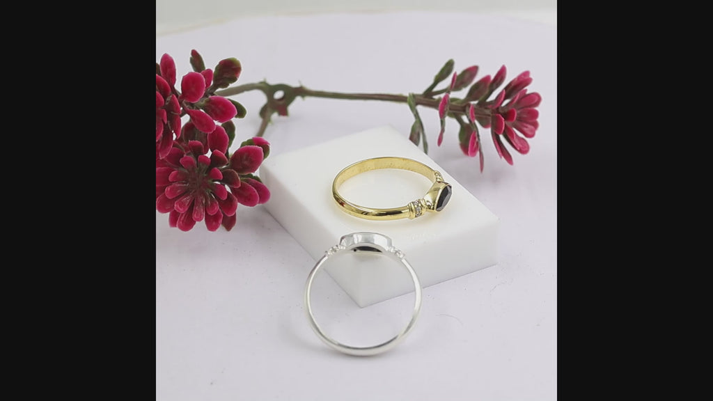 18K Gold & Silver Plated Black Onyx Ring with Swarovski Crystal