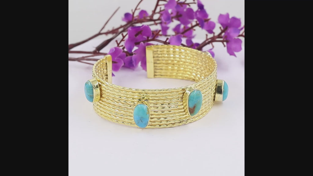 Natural Blue Turquoise Cuff Bracelet in 18K Gold Plated Finish with Five Freeform Gemstones