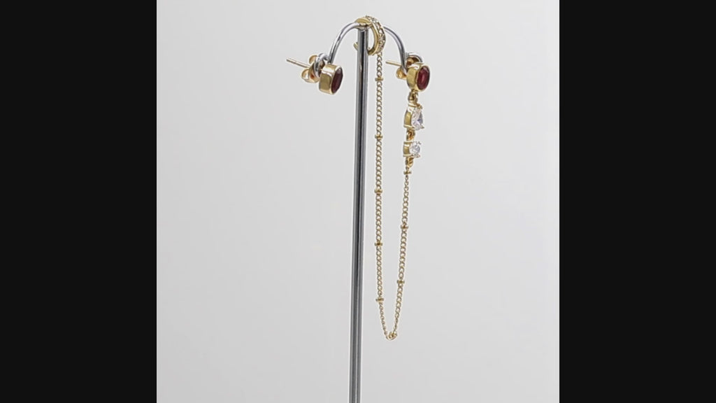 360 degree view of a Pink quartz ear cuff chain drop earring set in 1 micron 18K gold plated finish