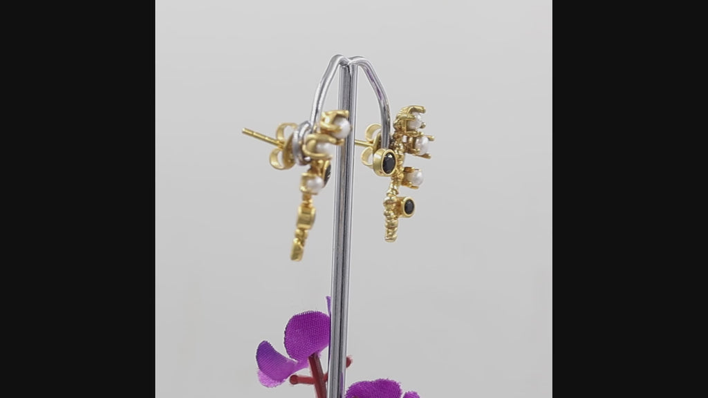 Natural Black Onyx and Freshwater Pearl Branch Stud Earrings in 18K Gold Plated Finish