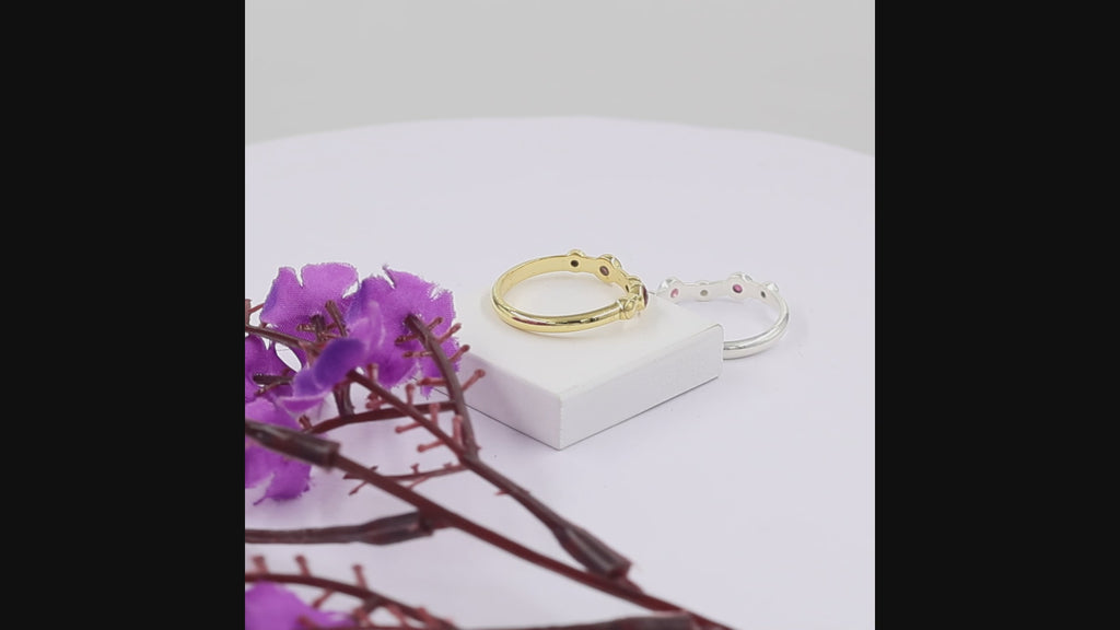 18K gold plated and silver plated adjustable lab grown ruby open ring with two round 3x3mm ruby gemstones for women
