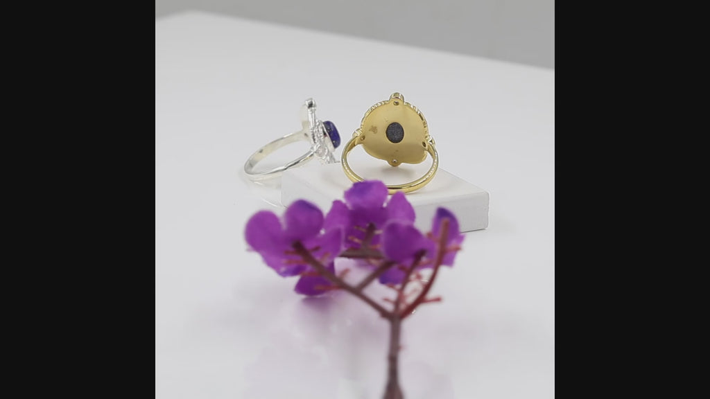 Natural lapis lazuli statement ring with Swarovski crystal accents in 18K gold plated finish.