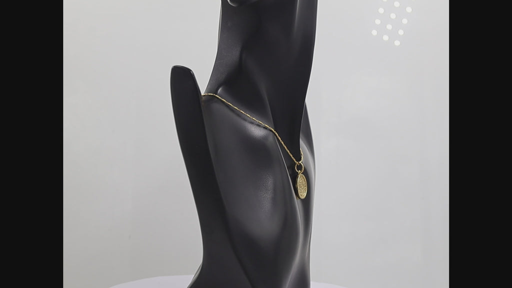 A 18K gold plated pendant necklace featuring a textured, circular medallion pendant on a matching twisted chain.