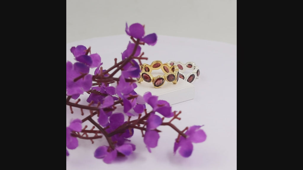 Natural garnet eternity band ring with 10 oval 4x6 mm garnet gemstones in gold plated finish