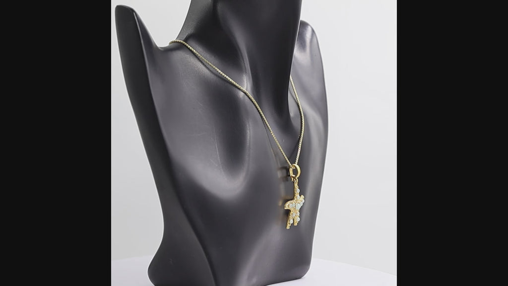 360 degree view of a gold starfish pendant necklace adorned with light blue-green  Amazonite stone, suspended from a gold box chain against a white background.