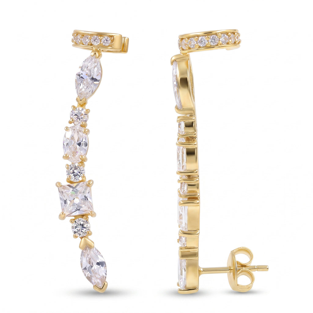 360-degree video of Swarovski crystal ear climber earrings, gold plated, displayed on a white background