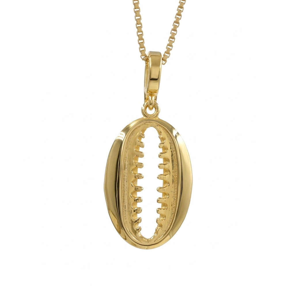 360 degree view of a gold pendant necklace featuring a bohemian shell design, suspended from a delicate gold box chain against a plain white background.