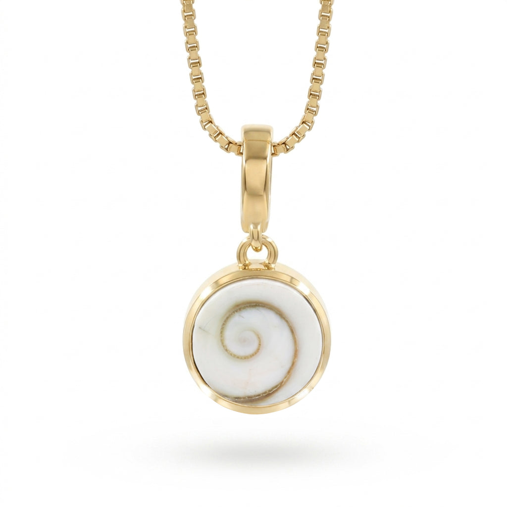360 degree view of a Natural Shiva Eye round pendant necklace in 1 micron 18K gold plated finish