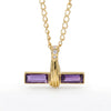 360 view of a gold pendant necklace featuring a barbell-like horizontal design with two rectangular purple gemstones and a small cluster of clear stones at the top, suspended from a gold chain on a white background.
