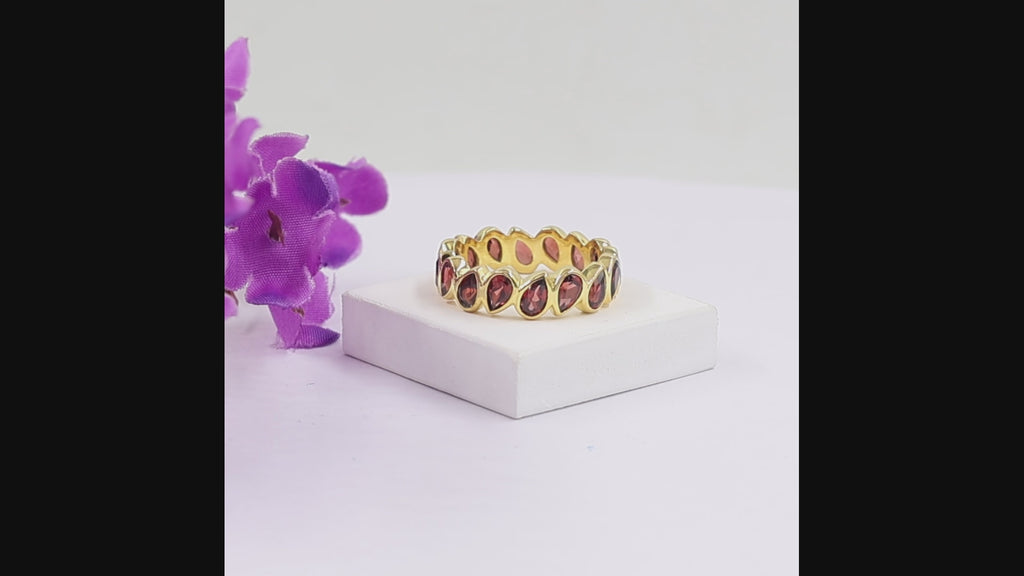 Natural Garnet Pear Statement Ring in 18K Gold Plated Finish with 16 Pear-Shaped Gemstones