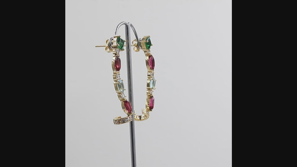 360 degree view of multi gemstone vine ear climber earrings in 1 micron 18K gold plated finish
