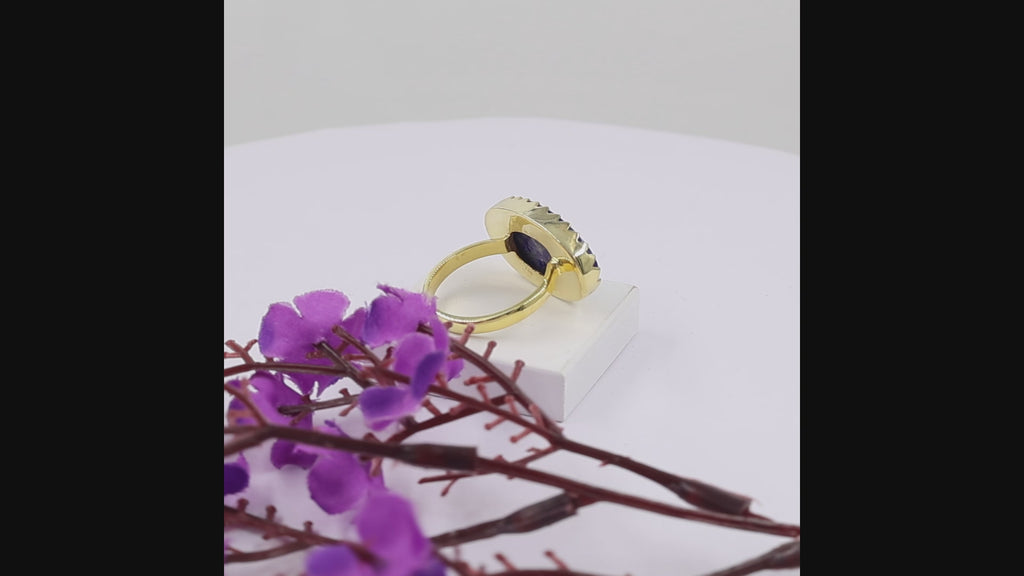 Natural lapis lazuli statement ring with large blue gemstone in 18K gold plated and silver plated finish for women