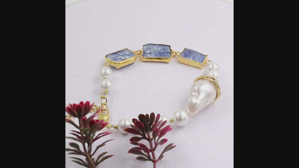 Kyanite & Pearl Gold-Plated Statement Bracelet