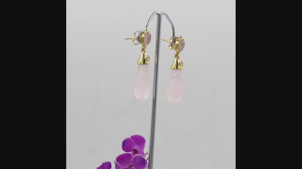 Natural rose quartz drop earrings with oval rose quartz, Swarovski crystal accents