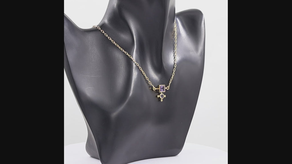 Natural amethyst geometric pendant necklace with square and round gemstones in 18K gold plated finish